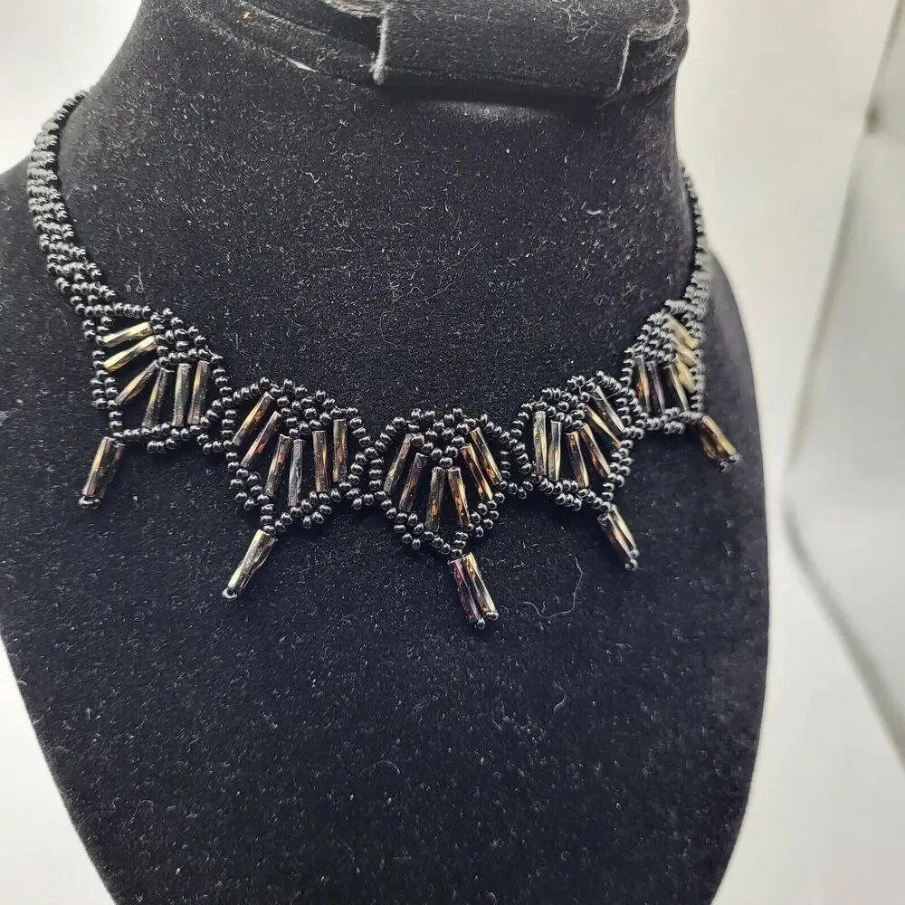Antique Beaded Woven Victorian Beaded Silver and Black Choker Necklace 15.5 in